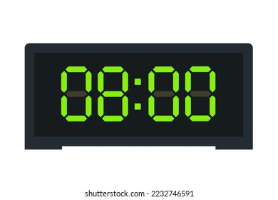 Ilustración plana vectorial de un reloj digital con 08.00 . Ilustración de alarma con diseño de números digitales liderados. Icono de reloj por hora, mira, señales de alarma.