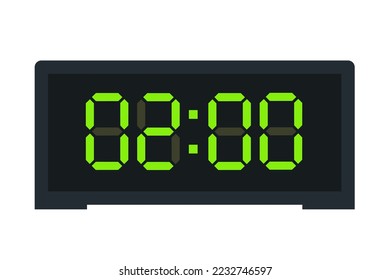 Vector flat illustration of a digital clock displaying 02.00 . Illustration of alarm with led digital number design. Clock icon for hour, watch, alarm signs.
