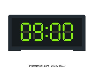 Vector flat illustration of a digital clock displaying 09.00 . Illustration of alarm with led digital number design. Clock icon for hour, watch, alarm signs.