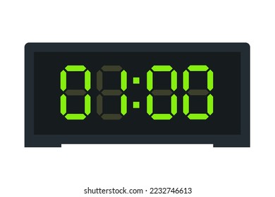 Vector flat illustration of a digital clock displaying 01.00 . Illustration of alarm with led digital number design. Clock icon for hour, watch, alarm signs.