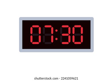 Vector flat illustration of a digital clock displaying 07.30 . Illustration of alarm with digital number design. Clock icon for hour, watch, alarm signs