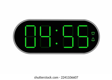 Vector flat illustration of a digital clock displaying 04.55 . Illustration of alarm with digital number design. Clock icon for hour, watch, alarm signs