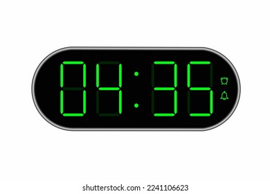Vector flat illustration of a digital clock displaying 04.35 . Illustration of alarm with digital number design. Clock icon for hour, watch, alarm signs