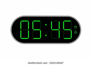 Vector flat illustration of a digital clock displaying 05.45 . Illustration of alarm with digital number design. Clock icon for hour, watch, alarm signs