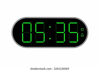 Vector flat illustration of a digital clock displaying 05.35 . Illustration of alarm with digital number design. Clock icon for hour, watch, alarm signs