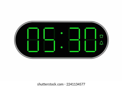 Vector flat illustration of a digital clock displaying 05.30 . Illustration of alarm with digital number design. Clock icon for hour, watch, alarm signs