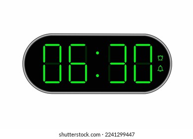 Vector flat illustration of a digital clock displaying 06.30 . Illustration of alarm with digital number design. Clock icon for hour, watch, alarm signs