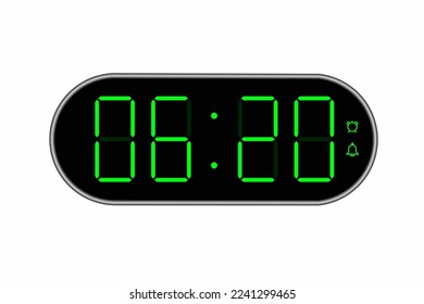Vector flat illustration of a digital clock displaying 06.20 . Illustration of alarm with digital number design. Clock icon for hour, watch, alarm signs