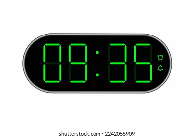Vector flat illustration of a digital clock displaying 09.35 . Illustration of alarm with digital number design. Clock icon for hour, watch, alarm signs
