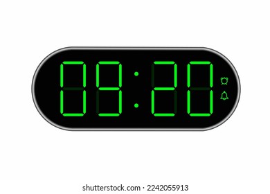 Vector flat illustration of a digital clock displaying 09.20 . Illustration of alarm with digital number design. Clock icon for hour, watch, alarm signs
