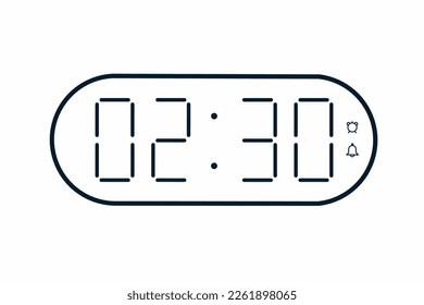 Vector flat illustration of a digital clock displaying 02.30 . Illustration of alarm with digital number design. Clock icon for hour, watch, alarm signs.