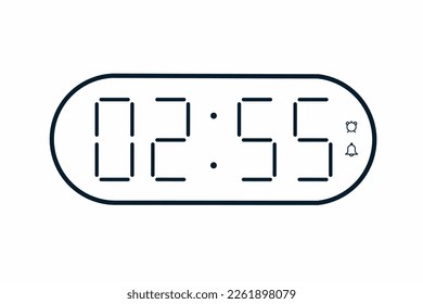 Vector flat illustration of a digital clock displaying 02.55 . Illustration of alarm with digital number design. Clock icon for hour, watch, alarm signs.