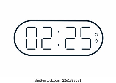 Vector flat illustration of a digital clock displaying 02.25 . Illustration of alarm with digital number design. Clock icon for hour, watch, alarm signs.