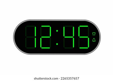 Vector flat illustration of a digital clock displaying 12.45 . Illustration of alarm with digital number design. Clock icon for hour, watch, alarm signs.