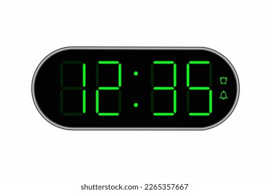 Vector flat illustration of a digital clock displaying 12.35 . Illustration of alarm with digital number design. Clock icon for hour, watch, alarm signs.