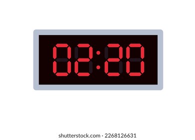 Vector flat illustration of a digital clock displaying 02.20 . Illustration of alarm with digital number design. Clock icon for hour, watch, alarm signs.