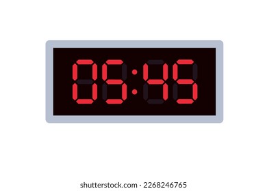 Vector flat illustration of a digital clock displaying 05.45 . Illustration of alarm with digital number design. Clock icon for hour, watch, alarm signs.