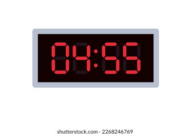 Vector flat illustration of a digital clock displaying 04.55 . Illustration of alarm with digital number design. Clock icon for hour, watch, alarm signs.