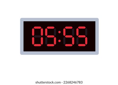 Vector flat illustration of a digital clock displaying 05.55 . Illustration of alarm with digital number design. Clock icon for hour, watch, alarm signs.