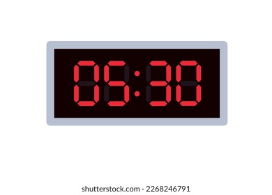 Vector flat illustration of a digital clock displaying 05.30 . Illustration of alarm with digital number design. Clock icon for hour, watch, alarm signs.