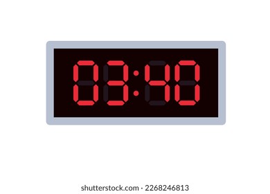 Vector flat illustration of a digital clock displaying 03.40 . Illustration of alarm with digital number design. Clock icon for hour, watch, alarm signs.