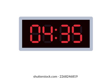 Vector flat illustration of a digital clock displaying 04.35 . Illustration of alarm with digital number design. Clock icon for hour, watch, alarm signs.