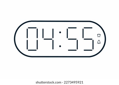 Vector flat illustration of a digital clock displaying 04.55 . Illustration of alarm with digital number design. Clock icon for hour, watch, alarm signs.