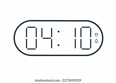 Vector flat illustration of a digital clock displaying 04.10 . Illustration of alarm with digital number design. Clock icon for hour, watch, alarm signs.