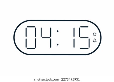 Vector flat illustration of a digital clock displaying 04.15 . Illustration of alarm with digital number design. Clock icon for hour, watch, alarm signs.