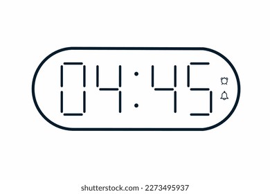 Ilustración plana vectorial de un reloj digital con 04.45 . Ilustración de alarma con diseño de números digitales. Icono de reloj por hora, mira, señales de alarma.