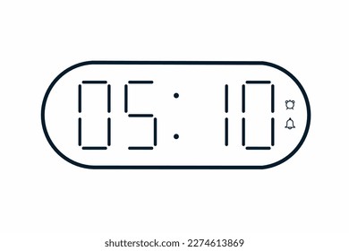 Vector flat illustration of a digital clock displaying 05.10 . Illustration of alarm with digital number design. Clock icon for hour, watch, alarm signs.