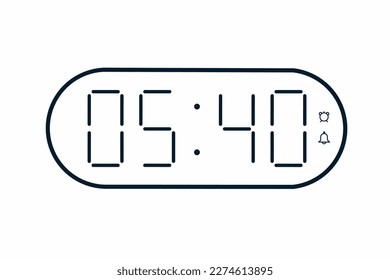 Vector flat illustration of a digital clock displaying 05.40 . Illustration of alarm with digital number design. Clock icon for hour, watch, alarm signs.