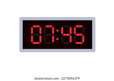 Ilustración plana vectorial de un reloj digital con 07.45 . Ilustración de alarma con diseño de números digitales. Icono de reloj por hora, mira, señales de alarma.