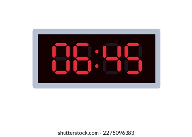 Vector flat illustration of a digital clock displaying 06.45 . Illustration of alarm with digital number design. Clock icon for hour, watch, alarm signs.