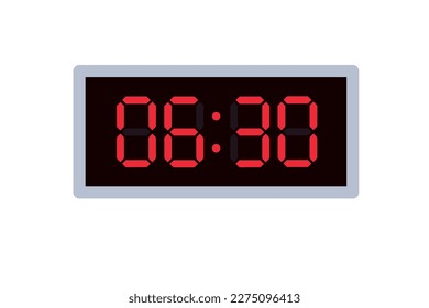 Ilustración plana vectorial de un reloj digital con 06.30 . Ilustración de alarma con diseño de números digitales. Icono de reloj por hora, mira, señales de alarma.