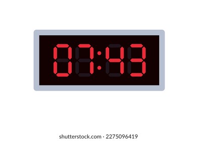 Vector flat illustration of a digital clock displaying 07.43 . Illustration of alarm with digital number design. Clock icon for hour, watch, alarm signs.