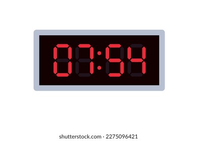 Vector flat illustration of a digital clock displaying 07.54 . Illustration of alarm with digital number design. Clock icon for hour, watch, alarm signs.