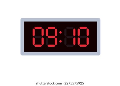 Vector flat illustration of a digital clock displaying 09.10 . Illustration of alarm with digital number design. Clock icon for hour, watch, alarm signs.