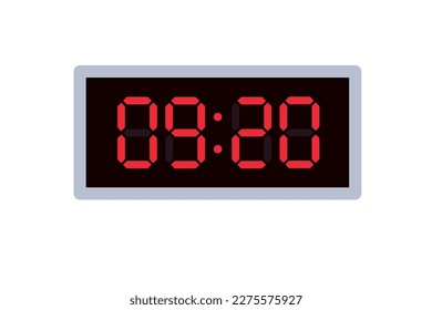 Vector flat illustration of a digital clock displaying 09.20 . Illustration of alarm with digital number design. Clock icon for hour, watch, alarm signs.