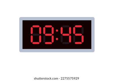 Vector flat illustration of a digital clock displaying 09.45 . Illustration of alarm with digital number design. Clock icon for hour, watch, alarm signs.