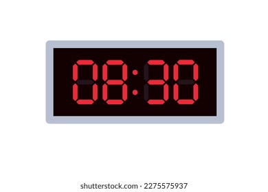 Ilustración plana vectorial de un reloj digital con 08.30 . Ilustración de alarma con diseño de números digitales. Icono de reloj por hora, mira, señales de alarma.