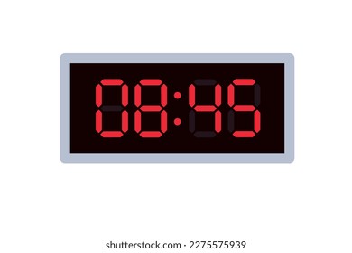 Vector flat illustration of a digital clock displaying 08.45 . Illustration of alarm with digital number design. Clock icon for hour, watch, alarm signs.