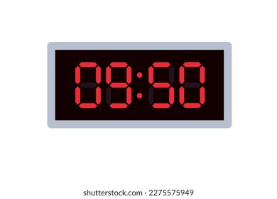 Vector flat illustration of a digital clock displaying 09.50 . Illustration of alarm with digital number design. Clock icon for hour, watch, alarm signs.