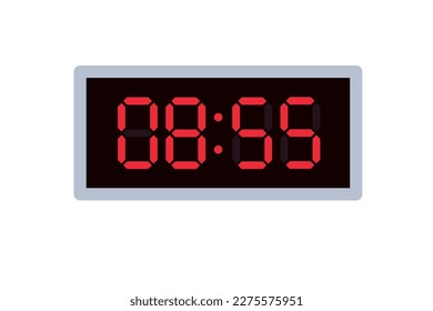 Vector flat illustration of a digital clock displaying 08.55 . Illustration of alarm with digital number design. Clock icon for hour, watch, alarm signs.