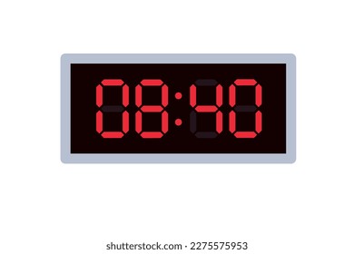 Vector flat illustration of a digital clock displaying 08.40 . Illustration of alarm with digital number design. Clock icon for hour, watch, alarm signs.