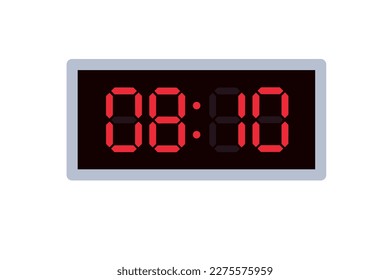 Vector flat illustration of a digital clock displaying 08.10 . Illustration of alarm with digital number design. Clock icon for hour, watch, alarm signs.