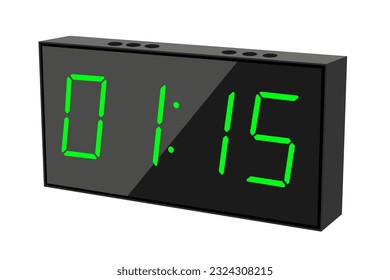 Vector flat illustration of a digital clock displaying 01.15 . Illustration of alarm with digital number design. Clock icon for hour, watch, alarm signs.