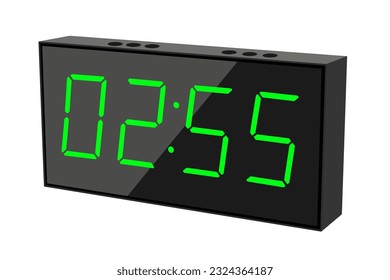 Vector flat illustration of a digital clock displaying 02.55 . Illustration of alarm with digital number design. Clock icon for hour, watch, alarm signs.