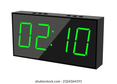 Vector flat illustration of a digital clock displaying 02.10 . Illustration of alarm with digital number design. Clock icon for hour, watch, alarm signs.
