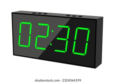Vector flat illustration of a digital clock displaying 02.30 . Illustration of alarm with digital number design. Clock icon for hour, watch, alarm signs.